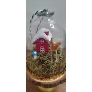 Handmade Dome Cloche Diorama Christmas Ornament House Deer Mushroom Garden O2